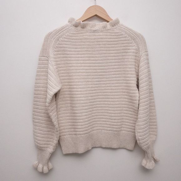 Madewell Ruffle-Neck Pullover Sweater in Cotton-Merino Yarn Cream Size Medium - Picture 4 of 13